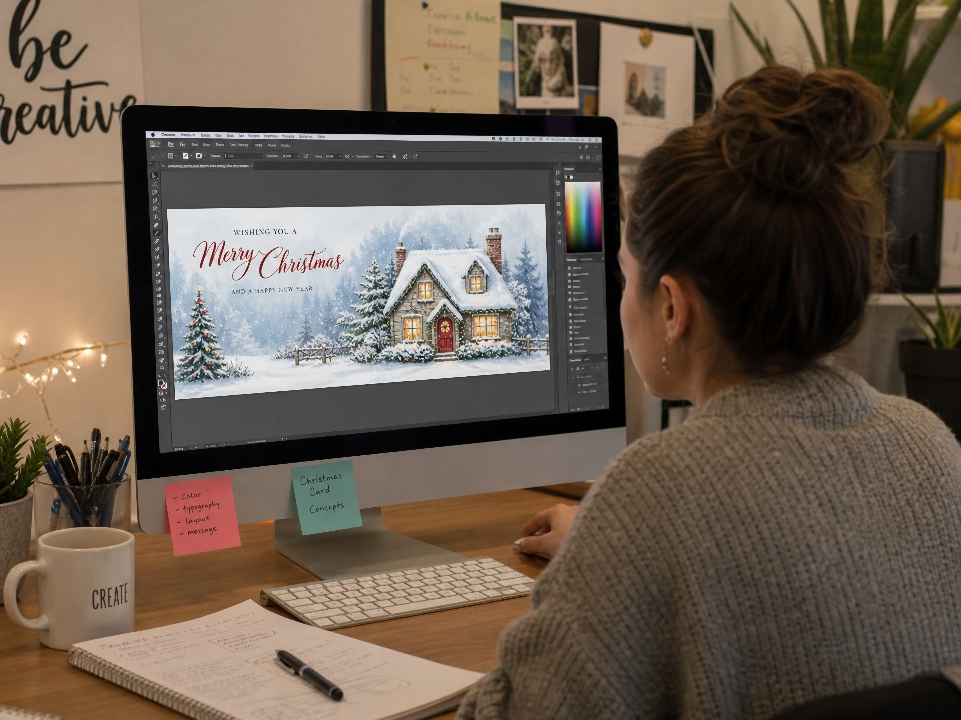 Designer laying out a holiday greeting card in design software