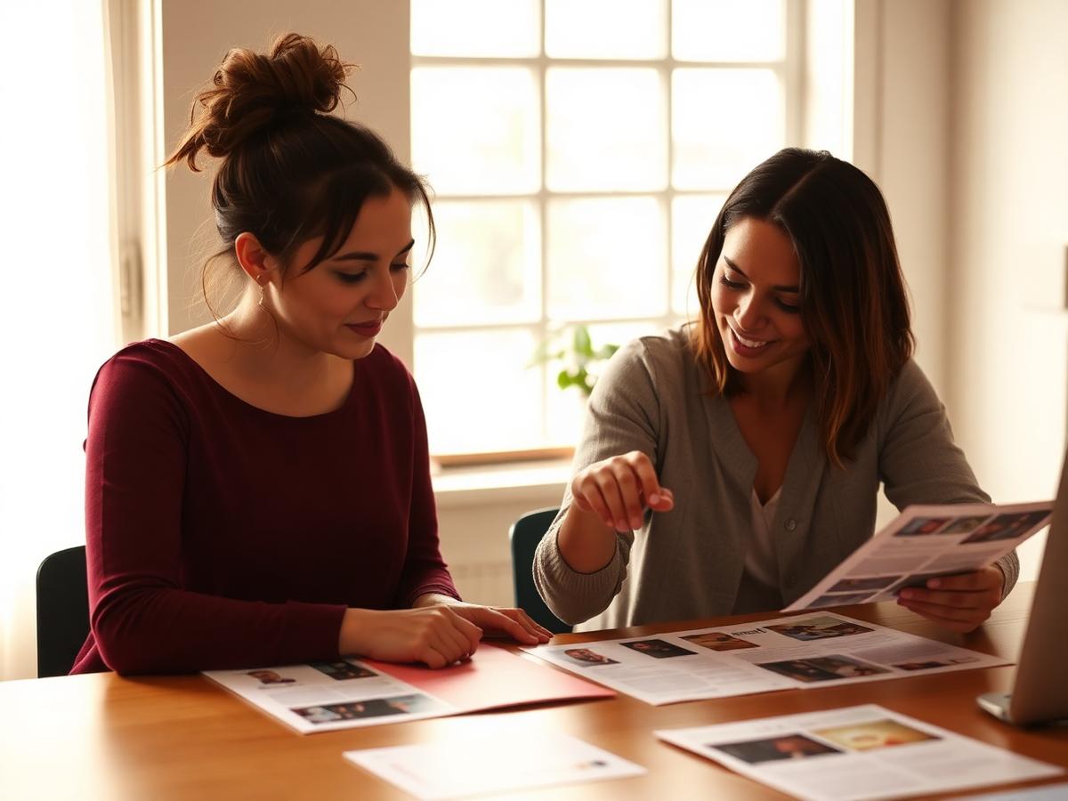 Creative team reviewing printed direct mail concepts at a worktable